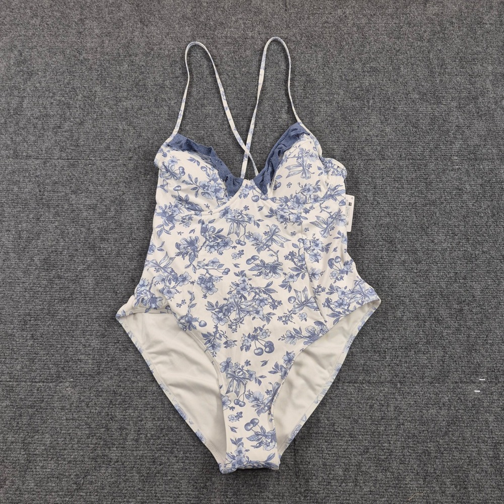 Ardene Swim Floral Toile One Piece Swimsuit Blue White Lace XL New